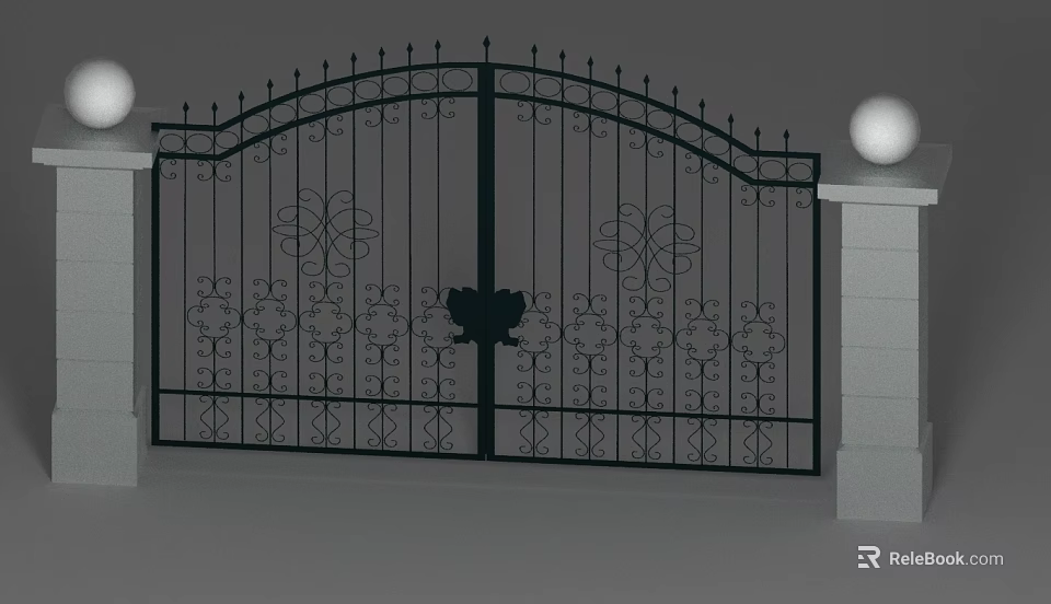 Garden Ornament Iron Gate With Decorative Patterns And Pillar Lamps At Entrance 3d model 