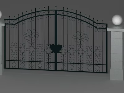 Garden Ornament Iron Gate With Decorative Patterns And Pillar Lamps At Entrance 3d model