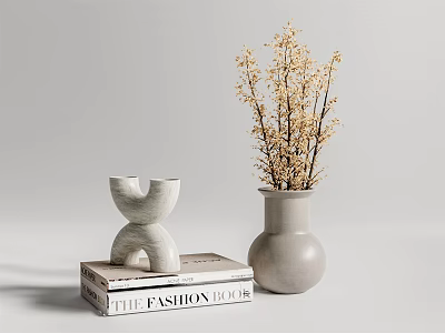 White Ceramic Vases With Dried Flowers On Fashion Book In Minimalist Decor 3d model