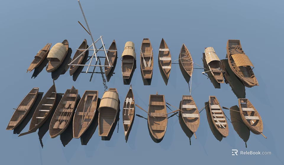 Various Traditional Wooden Boats Arranged in Rows with Reflections on Blue Surface 3d model 