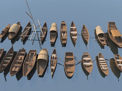 Various Traditional Wooden Boats Arranged in Rows with Reflections on Blue Surface 3d model