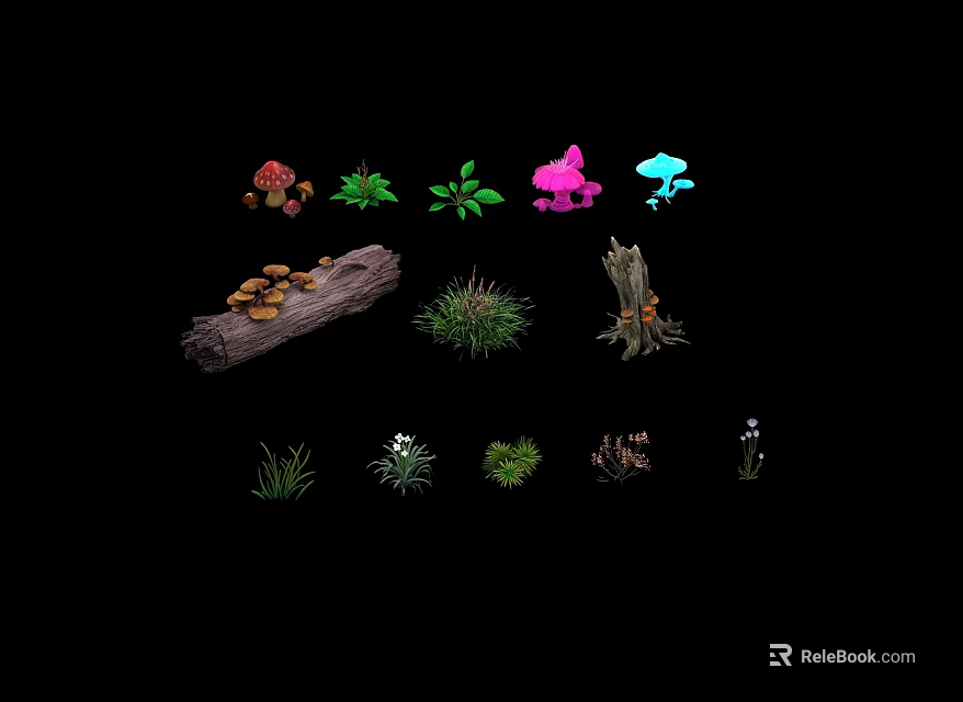 Plant Combination With Colorful Mushrooms Green Grass Leaves And Tree Trunks 3d model 