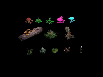 Plant Combination With Colorful Mushrooms Green Grass Leaves And Tree Trunks 3d model