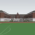 Symmetrical Red Brick School Buildings With Green Playground Under Blue Sky