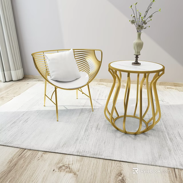 Elegant Leisure Chair With Gold Metal Frame White Cushion And Round Side Table 3d model 