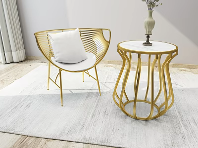 Elegant Leisure Chair With Gold Metal Frame White Cushion And Round Side Table 3d model