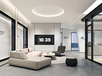 Modern Furniture Showroom Interior With Beige Sofa Black Chair Digital Screen And Glass Doors 3d model
