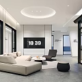 Modern Furniture Showroom Interior With Beige Sofa Black Chair Digital Screen And Glass Doors