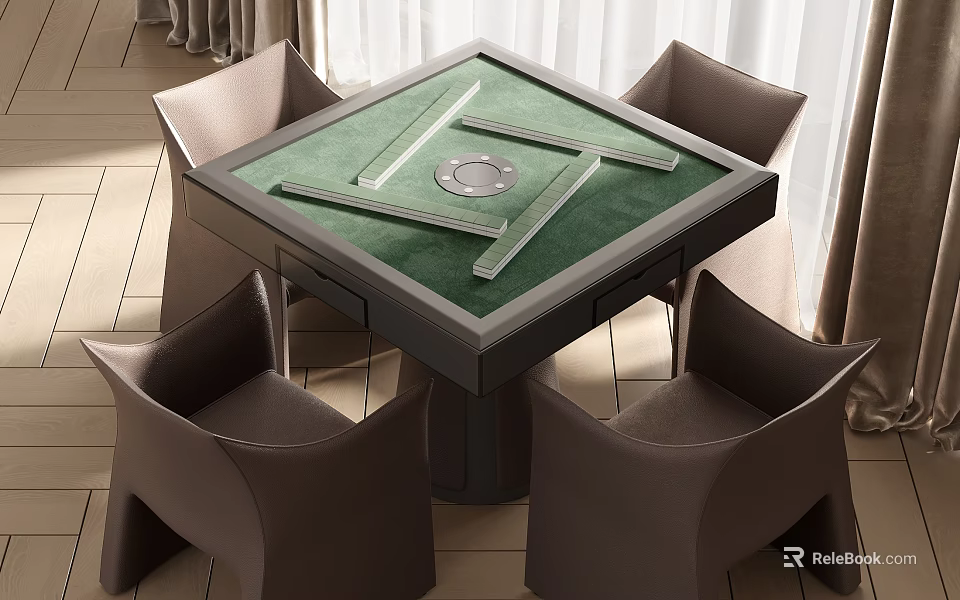 Modern Entertainment Table With Green Surface And Four Brown Comfortable Chairs 3d model