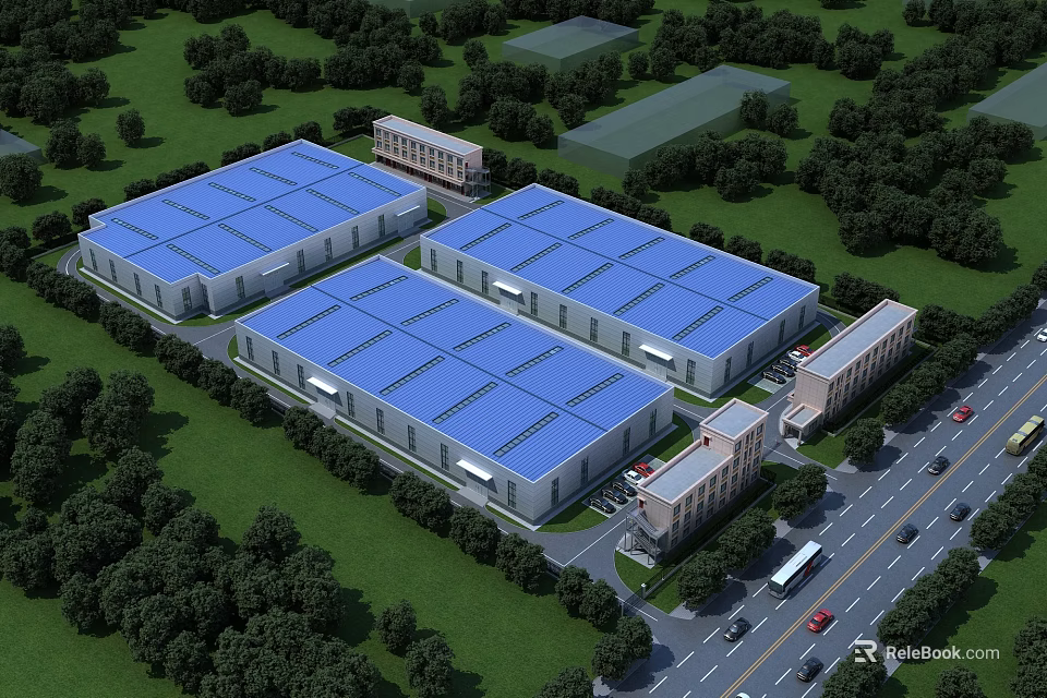 Industrial Factory Complex With Blue Roofs Green Surroundings And Road Access 3d model 