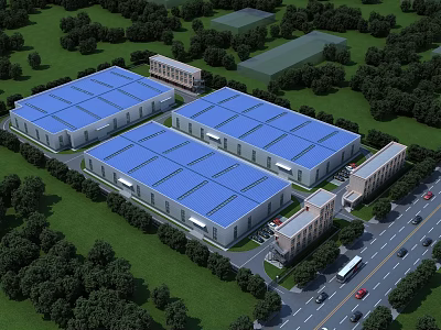 Industrial Factory Complex With Blue Roofs Green Surroundings And Road Access 3d model