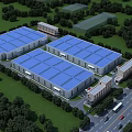 Industrial Factory Complex With Blue Roofs Green Surroundings And Road Access