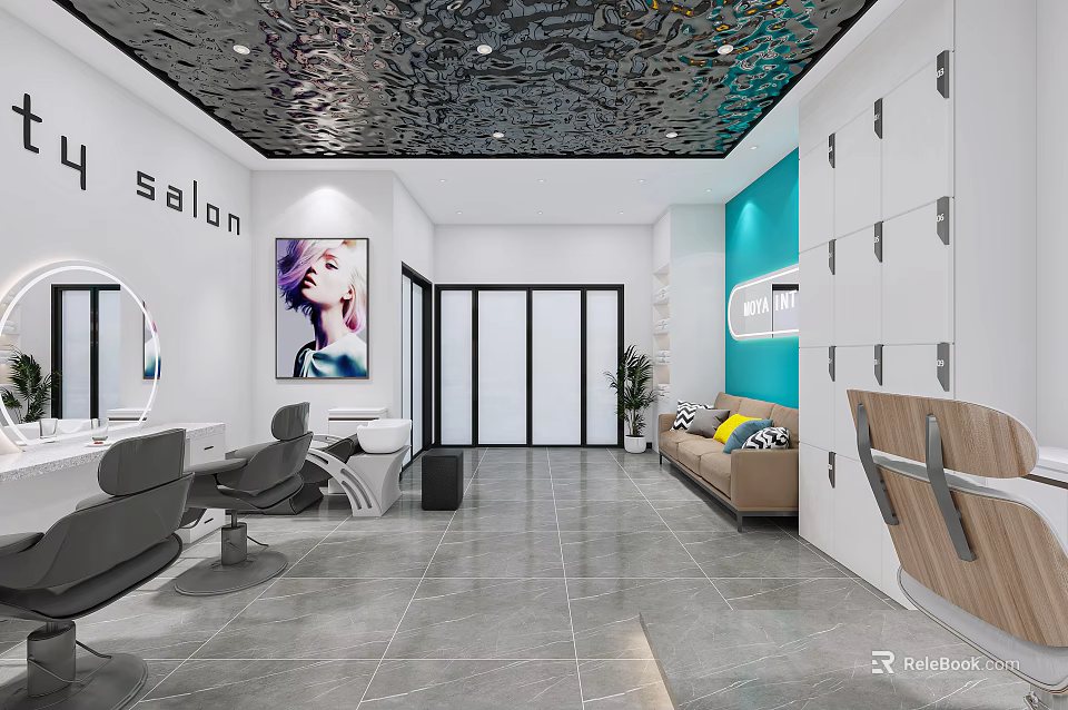 Modern Hair Salon Interior Design With Stylish Chairs Mirrors Turquoise Wall And Sofa 3d model 