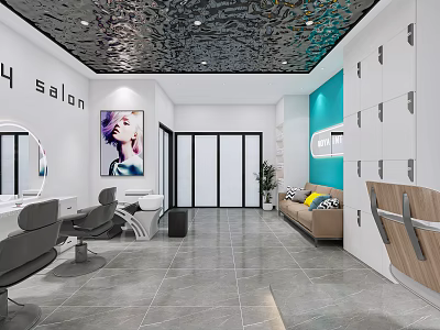 Modern Hair Salon Interior Design With Stylish Chairs Mirrors Turquoise Wall And Sofa 3d model