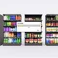Retail Store Display Shelves Stocked with Various Beverages and Food Products