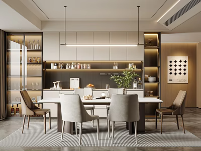 Modern Restaurant Interior With Dining Table Chairs Pendant Lights And Decorative Wine Cabinet 3d model