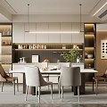 Modern Restaurant Interior With Dining Table Chairs Pendant Lights And Decorative Wine Cabinet