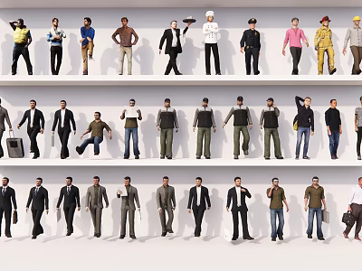 Multiple People Character Models With Different Professions Standing On Shelves 3d model