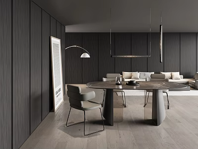 Modern Living Dining Room Interior With Dark Wood Walls Round Table Gray Chairs And Sofa 3d model