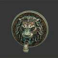 Copper Lion Head Sculpture With Intricate Carving And Ornate Circular Design