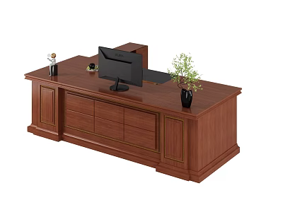 Classic Wooden Office Desk With Computer Monitor Potted Plant And Storage Drawers 3d model
