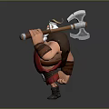 Cartoon Viking Man With Horned Headdress Holding Axe in Red Plaid Attire Standing Pose