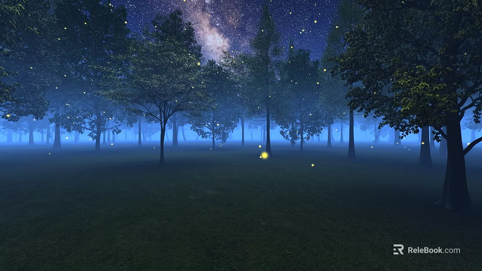 Enchanting Night Forest Scene With Starry Sky Milky Way Fireflies And Tall Trees 3d model 