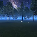 Enchanting Night Forest Scene With Starry Sky Milky Way Fireflies And Tall Trees