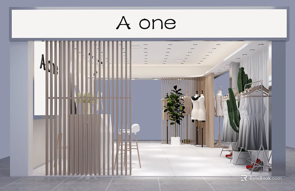 Modern Clothing Store Interior Design With Wooden Slats Mannequins And Green Plants 3d model 