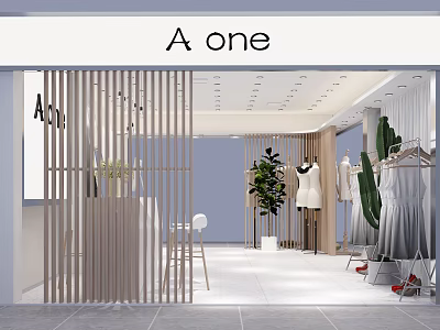 Modern Clothing Store Interior Design With Wooden Slats Mannequins And Green Plants 3d model