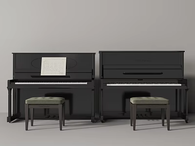 Black Upright Piano With Stool Sheet Music And Art Supplies 3d model
