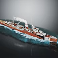 Red Vintage Steam-powered Warship Sailing on Water with Smokestack Emitting White Smoke and Turrets