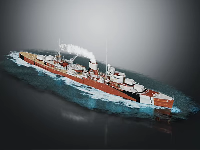Red Vintage Steam-powered Warship Sailing on Water with Smokestack Emitting White Smoke and Turrets 3d model