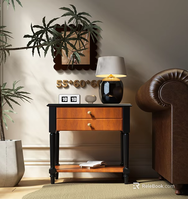 Wooden Side Table With Black Frame Drawer And Table Lamp Next To Sofa 3d model