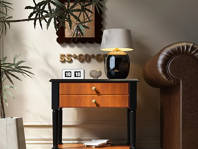 Wooden Side Table With Black Frame Drawer And Table Lamp Next To Sofa 3d model