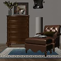 Ornate Wooden Chest of Drawers With Leather Chair Ottoman And Wall Art In Living Room