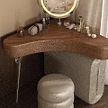 Modern Dressing Table with Round Lighted Mirror Padded Stool and Cosmetics in Bedroom