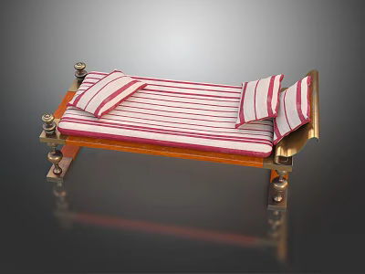 Elegant Massage Bed With Red And White Striped Mattress Gold Metal Decorations And Wooden Frame 3d model