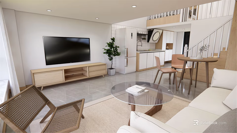 Modern Apartment Interior With Open Living Room Kitchen TV Stand Sofa And Dining Table 3d model 