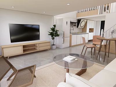 Modern Apartment Interior With Open Living Room Kitchen TV Stand Sofa And Dining Table 3d model