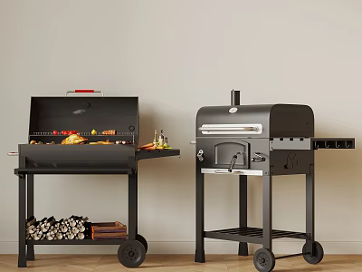 Black Outdoor Grill And Pizza Oven With Wheels Firewood And Accessories 3d model