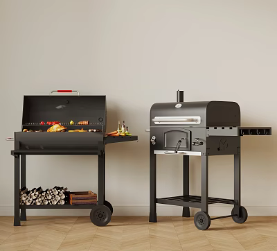 Black Outdoor Grill And Pizza Oven With Wheels Firewood And Accessories 3d model
