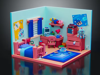 Cartoon Room Interior Featuring Pink Bed Desk Blue Rug Window Curtains Wall Posters And Toys 3d model