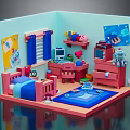 Cartoon Room Interior Featuring Pink Bed Desk Blue Rug Window Curtains Wall Posters And Toys