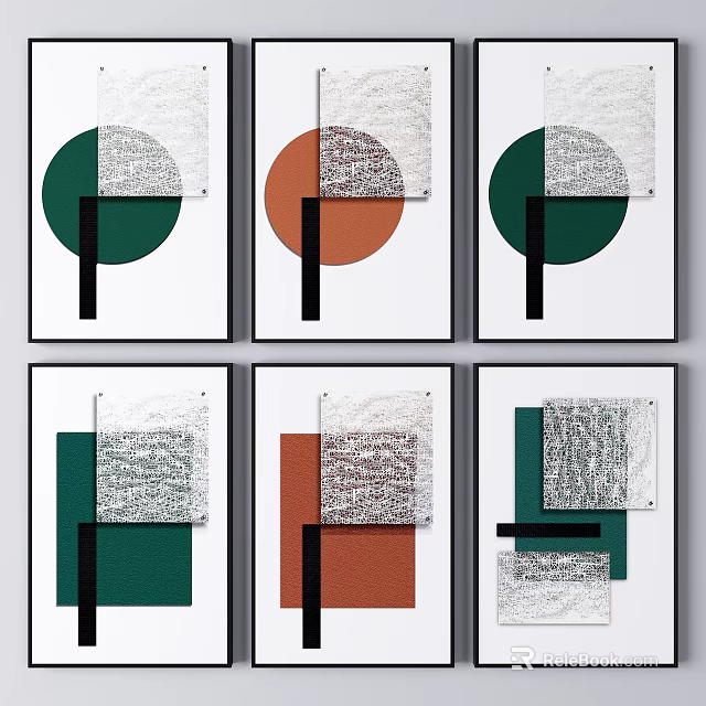 Modern Geometric Decorative Paintings With Green Orange Textured Patterns And Black Frames 3d model
