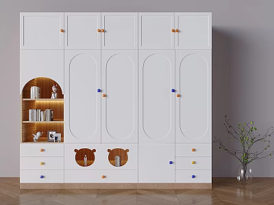 White Wardrobe with Round Door Design Colorful Handles Open Shelf Books and Drawers 3d model