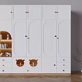 White Wardrobe with Round Door Design Colorful Handles Open Shelf Books and Drawers