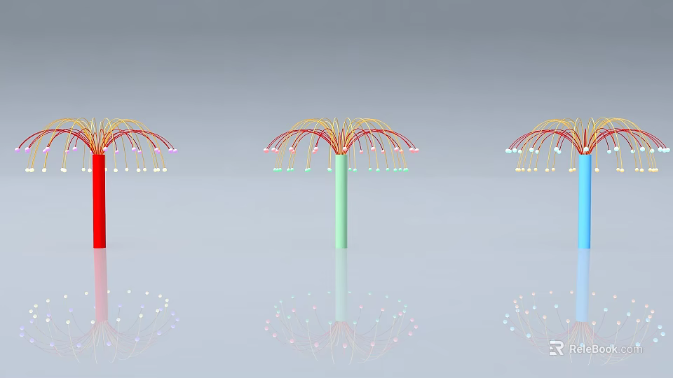 Colorful Decorative Tree Like Structures With Red Green Blue Pillars And Lights Reflections 3d model 