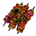 Grilled Chicken Skewers With Fresh Onions And Vegetables On Metal Sticks