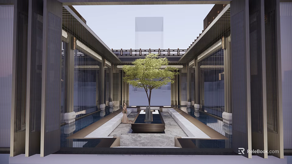 Traditional Chinese Garden Courtyard With Central Tree Water Features And Stone Pillars 3d model 
